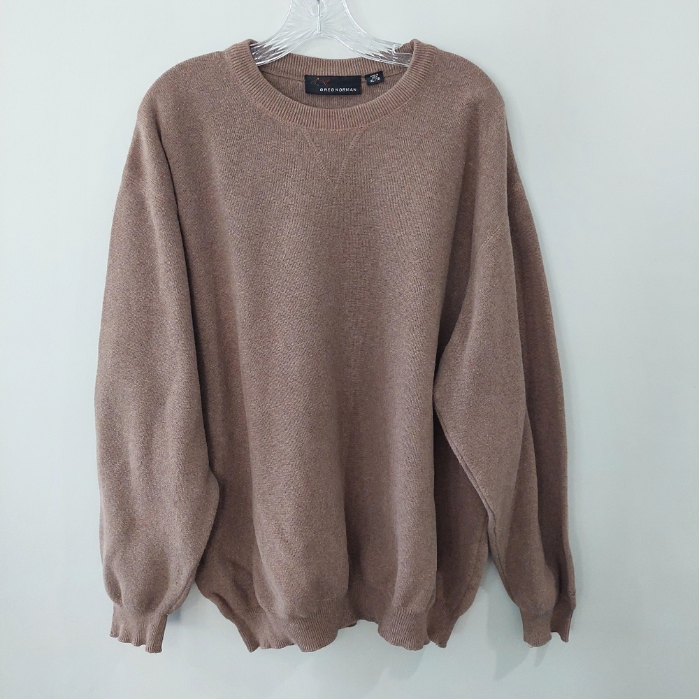 Greg Norman men's sweater XL tan brown crew neck long sleeve logo on cuff